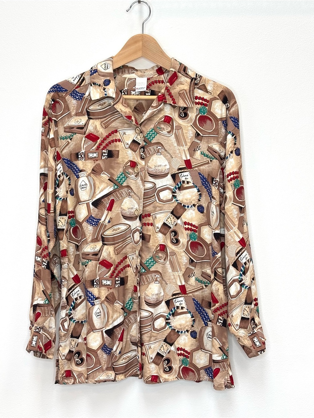 Vintage Units 80s 90s Novelty Print Blouse Cosmetics Jewelry Vanity Medium